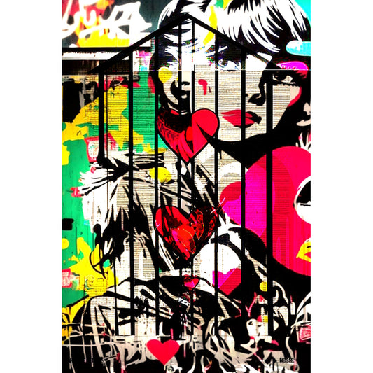 Caged Beauty Pop Art Painting of a Woman on Graffiti-Covered Building