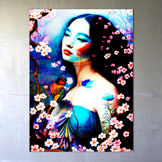 Enchanting Harmony Woman with Bird Metal Poster