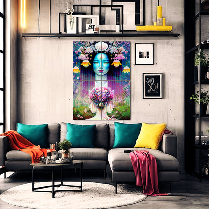 Goddess of Symmetry Woman with Flowers Metal Poster