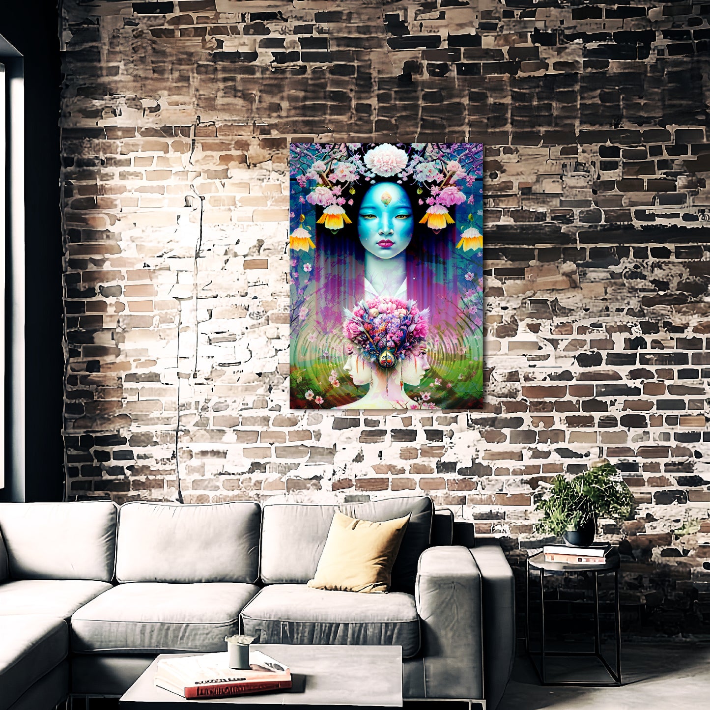 Goddess of Symmetry Woman with Flowers Metal Poster