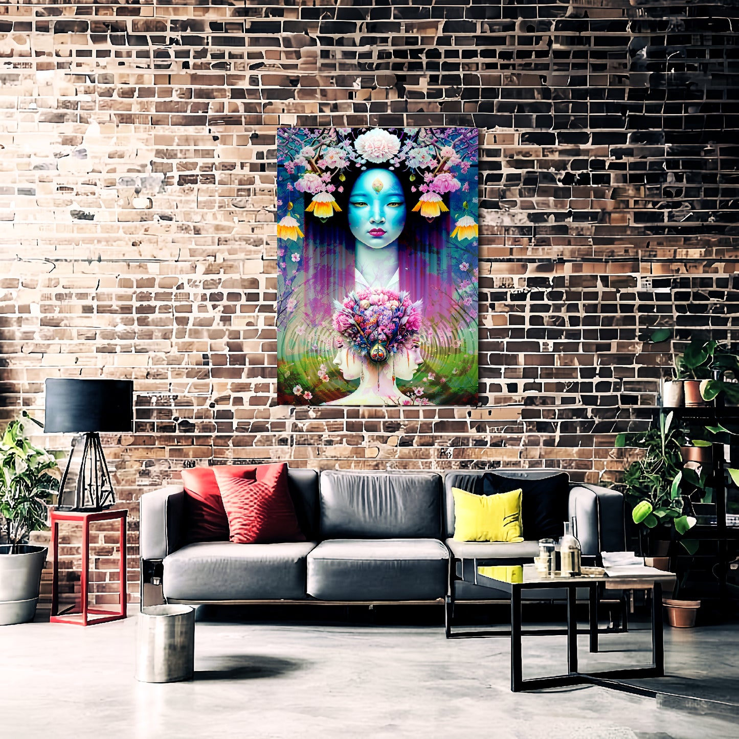 Goddess of Symmetry Woman with Flowers Metal Poster