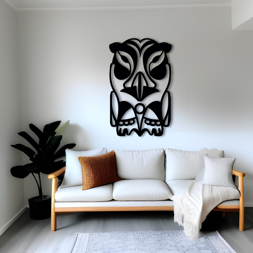 Abstract Owl Totem Metal Wall Art with Lotus Design