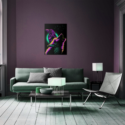 Crows and Wolf Howling at the Moon Metal Poster