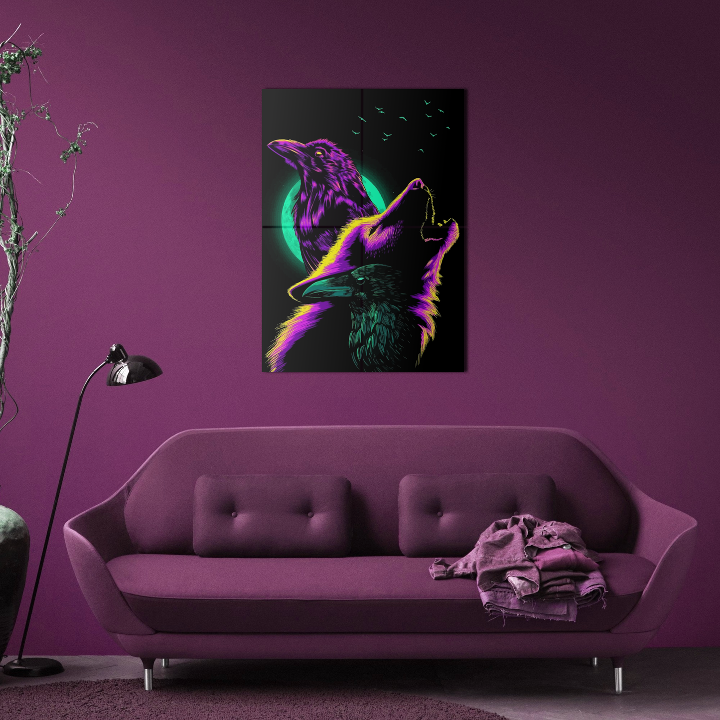 Crows and Wolf Howling at the Moon Metal Poster