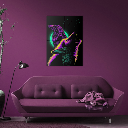 Crows and Wolf Howling at the Moon Metal Poster