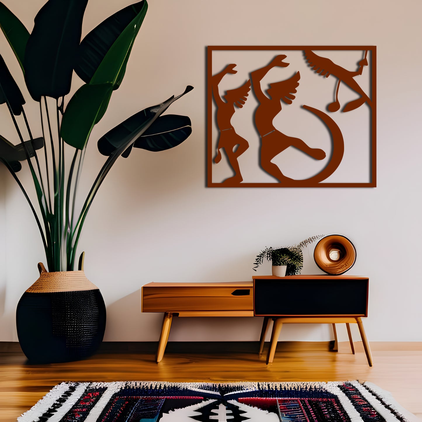 Kokopelli Silhouette Metal Wall Art with Rectangle Border