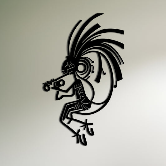 Kokopelli with Feathered Head and Flute - Metal Wall Art