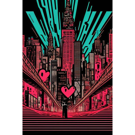 Neon Nightscape Love - Dan Mumford Inspired Metal Poster