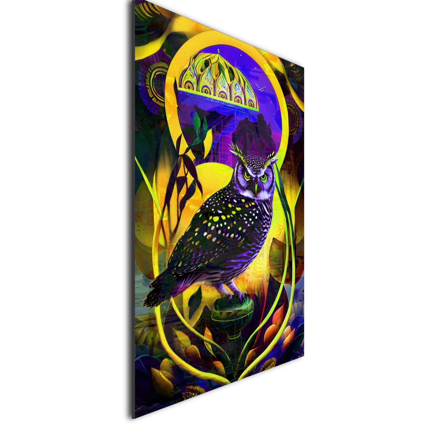 Psychedelic Owl on Art Deco Vase Metal Poster