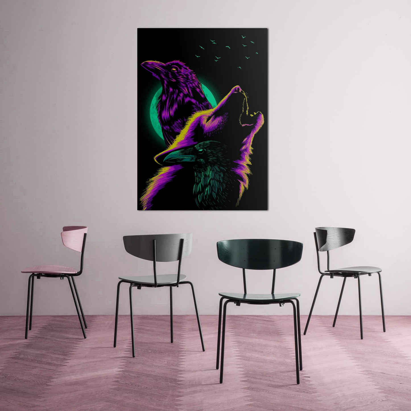 Crows and Wolf Howling at the Moon Metal Poster