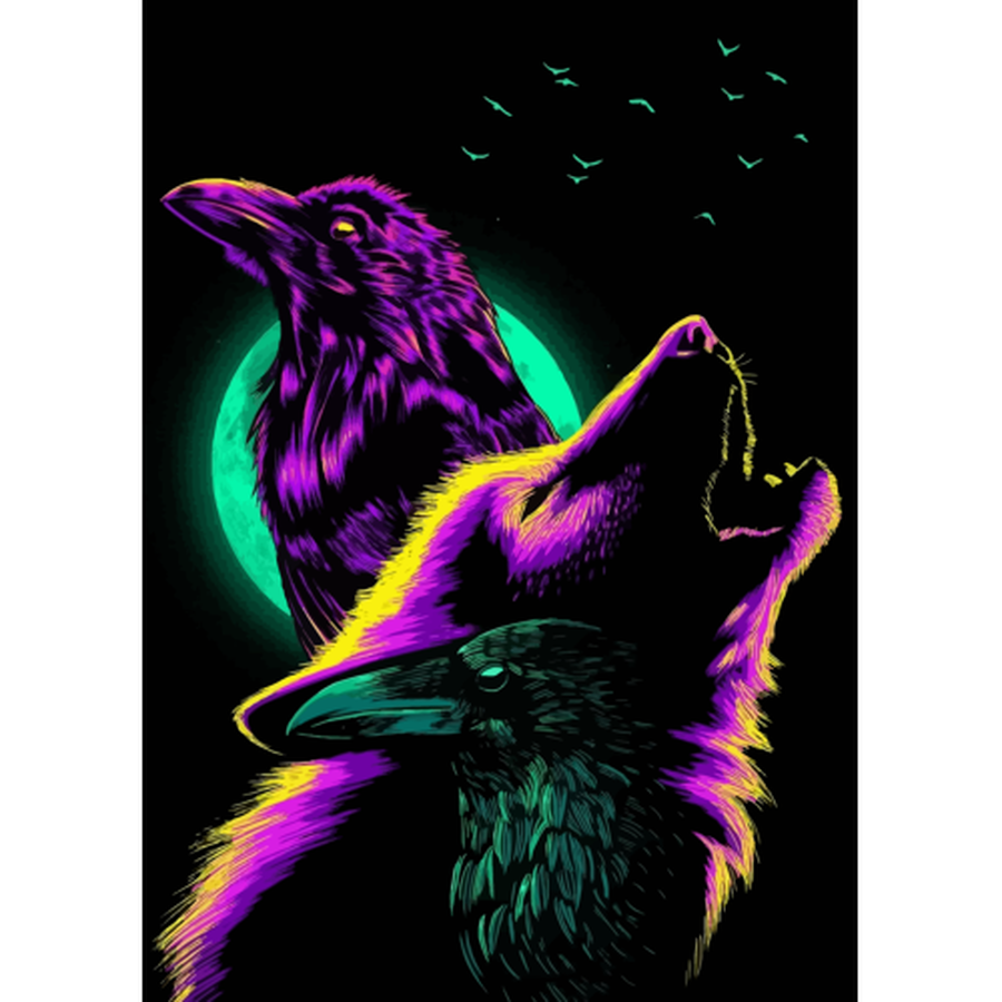 Crows and Wolf Howling at the Moon Metal Poster